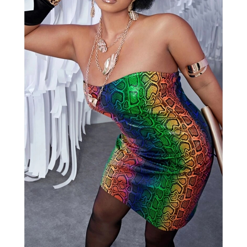 Plus Size Snakeskin Print Ombre PU Vegan Leather Tube Top Style Dress - Picture 5 of 13